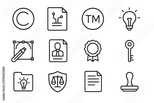 Intellectual Property Icons. Intellectual Property Law. Line icon set of Intellectual Property Law: copyright symbol, patent document, trademark badge, idea
