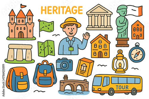 Heritage Adventure Doodles. heritage sites. Colorful Hand-drawn doodle Children illustration heritage sites castle, museum, ancient monument, guide, map, flag,