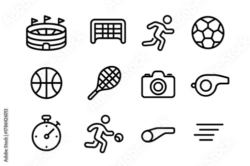 Stadium Activity Icons. Stadium action. Line icon set of stadium action: stadium, goal net, athlete running, soccer ball, basketball, tennis racket, football