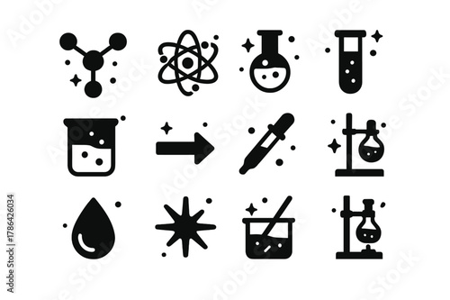 Molecular Synthesis Icons. Molecular Synthesis. Solid icons set of Molecular Synthesis: molecule, atom, flask, test tube, beaker, reaction arrow, pipette,