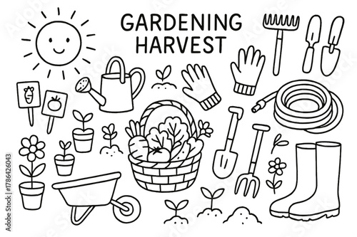 Gardening Essentials Illustration. Gardening Harvest. Hand-drawn doodle illustration Gardening Harvest basket of vegetables, watering can, gloves, trowel,