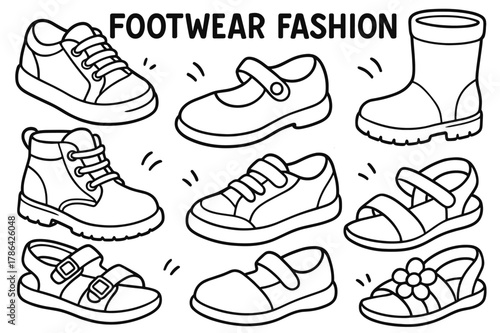 Children's Shoe Coloring. Footwear fashion children?s coloring book illustration, outlined drawing, cheerful