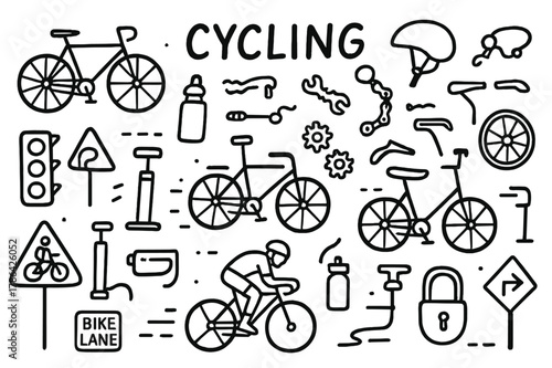 Cycling Essentials. Cycling. Hand-drawn doodle illustration Cycling, bicycles, helmets, wheels, pedals, chains, gears, brakes, saddles, water bottles, pumps,