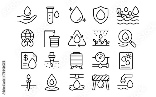 Water conservation icons set: eco-friendly line art for sustainability and clean water awareness