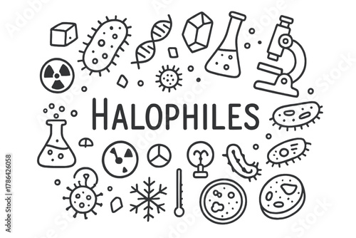 Halophiles Doodle. Halophiles. Hand-drawn doodle illustration of Halophiles. microbe, DNA, cell, salt crystal,
