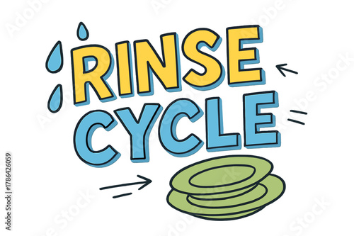 Playful Rinse Cycle. Rinse Cycle ? Doodle / Sketch; playful hand-drawn letters with rough outlines and little arrows; loose offset stacking; colored lettering