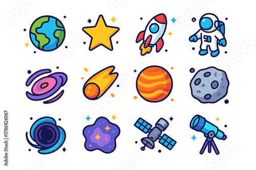 Colorful Space Icons. Space. Colorful isometric vector icons set of Space: planets, stars, rockets, astronauts, galaxies, comets, meteors, asteroids, black