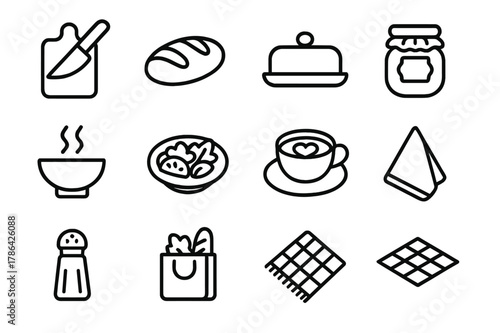 Food Icon Set. Food Moments. Line icon set of Food Moments: cutting board, knife, fresh bread, butter dish, jam jar, steaming bowl, salad plate, latte art,