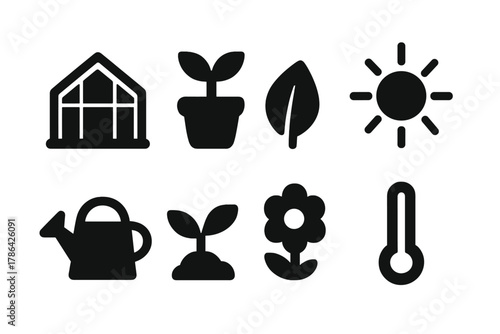 Greenhouse Icon Set. Greenhouse. Filled icon set of greenhouse: glass house, plant pot, leaf, sunlight,