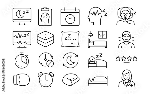 Sleep and relaxation line icons with sleep tracker and bedtime elements