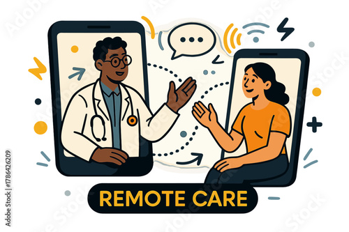 Vibrant Telemedicine Connection. Healthcare Tech ? Telemedicine. A doctor and patient appear on two screens joined by dotted connection lines; speech bubbles