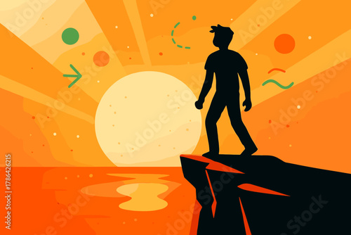 Cliffside Sunset Silhouette. Sunset reflection. Person standing on cliff silhouetted against large glowing