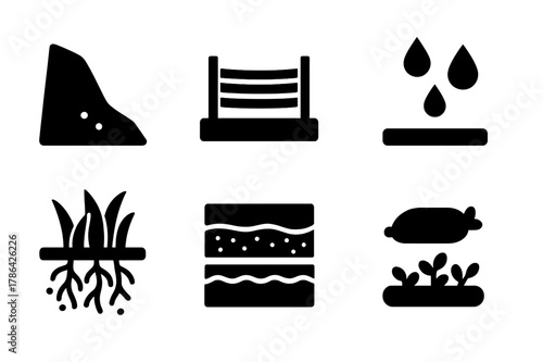 Erosion Control Icons. Erosion control. Filled icon set of erosion control: hill slope, barrier fence, grass
