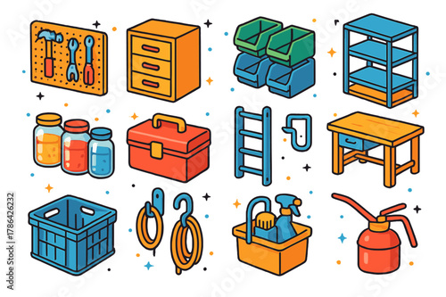 Isometric Garage Icons. Garage and workshop storage. Colorful isometric vector icons set of Garage and workshop storage: tool pegboard, drawers cabinet,