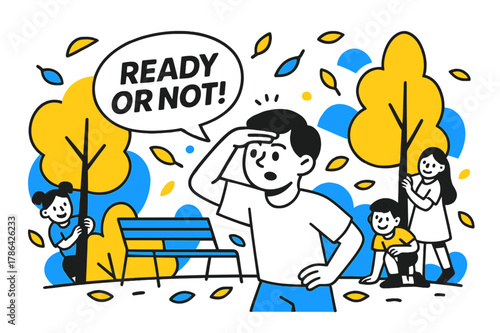 Park Hide-and-Seek. Hide and Seek in the Park. Kids scatter behind trees and benches; a playful ?Ready or not!? tag floats as leaves swirl like confetti. A