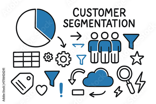 Customer Segmentation Doodle. // Customer segmentation. Hand-drawn doodle illustration Customer segmentation [pie chart (accented), group of users (accented),