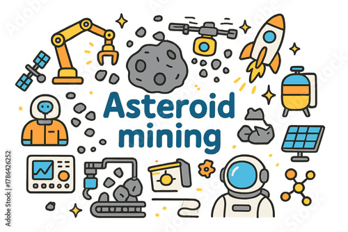 Asteroid Mining Doodle. Asteroid mining. Hand-drawn doodle illustration of Asteroid mining. Asteroid, robotic