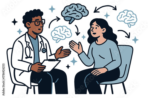 Mental Health Discussion. Brain disorders and conditions. Doctor and patient discussing mental health with abstract floating brain icons, arrows, and sparkles;