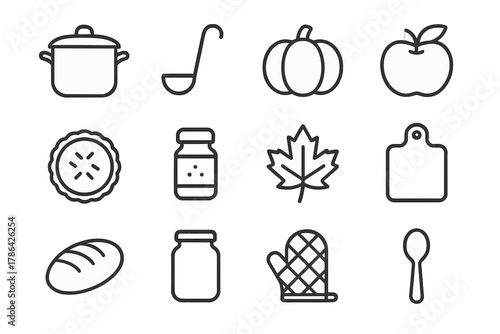 Autumn Recipe Icons. Fall recipes. Line outline icon set of fall recipes: soup pot, ladle, pumpkin, apple, pie