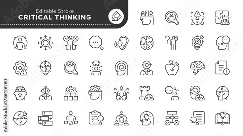 Critical thinking line icon set. Logic, thought, solution, idea, brain power, fact, problem, analysis, comprehension, purposefulness, intelligence. Outline icon in linear style. Vector collection.	