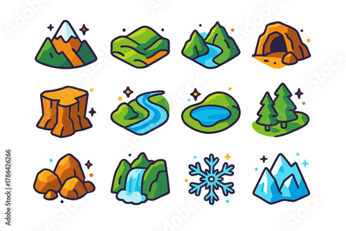Colorful Mountain Icons. mountains. Colorful isometric vector icons set of mountains: peaks, hills, valleys, caves, cliffs, rivers, lakes, trees, rocks,