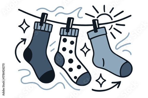 Socks in Motion. Socks. Hanging socks drying on a line with abstract floating lines, sun rays, and sparkles; conveys household chores, lifestyle, and casual