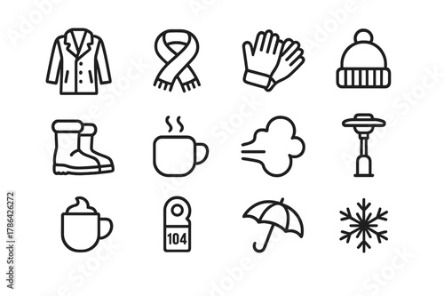 Winter Night Icon Set. Winter Night Out. Line icon set of Winter Night Out: coat, scarf, gloves, beanie hat, warm boots, hand warmer, breath cloud, patio