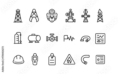 Energy industry icons: minimalist linear symbols for oil, gas, and safety