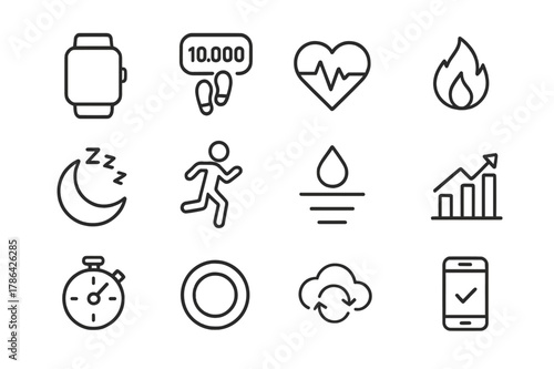 Fitness Tracker Icons. Fitness Tracker. Line icon set of Fitness Tracker: smartwatch, step counter, heart rate, calories burned, sleep icon, distance run,