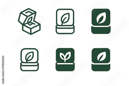 Eco Jewelry Logos. Eco jewelry packaging. Set Logo of Eco jewelry packaging: jewelry box with leaf emblem. harmonious logo variations of the same emblematic