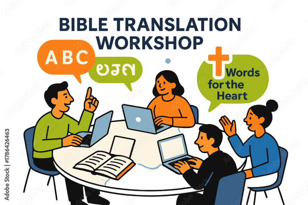 Naklejka premium Bible Translation Collaboration. Bible Translation Workshop. Laptops and open books circle a table; speech bubbles show ?A, B, C? shifting into local script. A