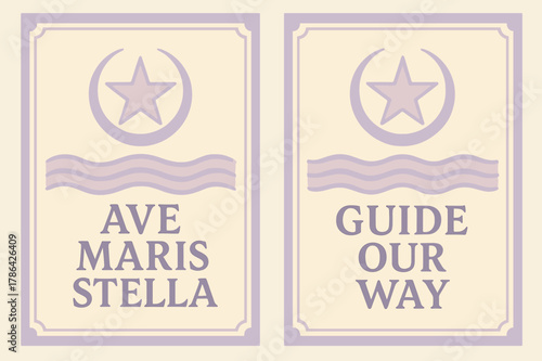 Ave Maris Stella. Star of the Sea. Two vertical A6 banners with safe margins, centered composition, no elements touching edges, pastel, lavender and cream,