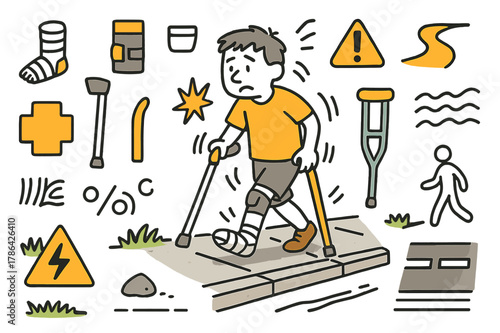Hobbled Walk. Hobbled step. Hand-drawn doodle illustration person walking (colored), uneven stride (colored), crutch (colored), cane (colored), bandaged foot