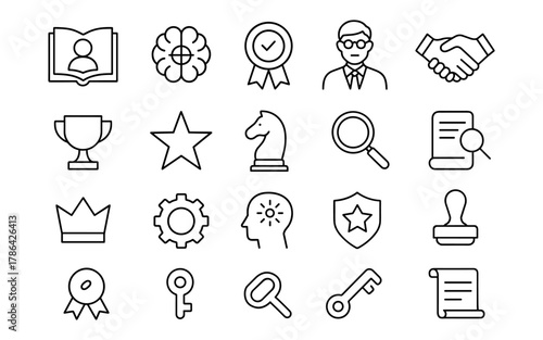 Business and education line icons: achievement, strategy, and learning symbols