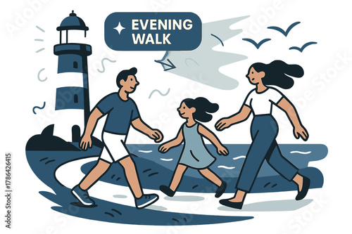 Lighthouse Evening Stroll. Beach Vacation ? Lighthouse Stroll. A tall lighthouse anchors a curved path; gulls sketch soft arcs in the sky. Tag ?evening walk?