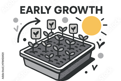 Seedling Growth Scene. Seeds ? Seedling Tray. Rows of neat sprouts under warm light; label tags with small leaves icon. Text ?early growth? in geometric sans.
