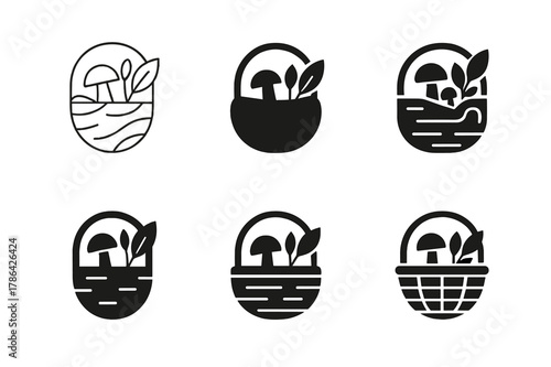 Wild Foraging Logos. Wild food foraging. Set Logo of Wild food foraging: wicker basket with leaves and mushrooms. harmonious logo variations of the same