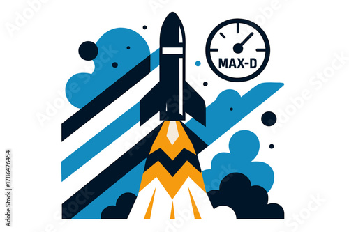 Rocket Ascent. Rocket-Powered Ascent. Flames stylize into bold chevrons as the craft spears skyward; ?Max-Q? pings on a floating gauge. Contrail stripes ladder