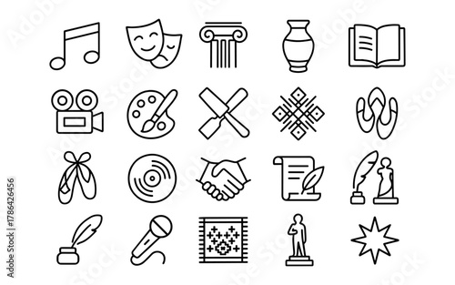 Linear icons of arts and culture including music, literature, and theater symbols