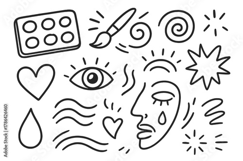 Abstract Expression Doodle. Expression through color. Hand-drawn doodle illustration expression through color palette, brush, swirl, eye, heart, wave, tear,