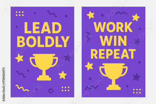 Bold Leadership Banners. Lead boldly. Two vertical A6 banners with safe margins, centered composition, no elements touching edges, memphis, purple and yellow,