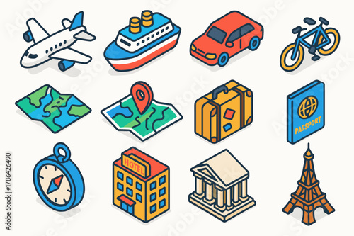 Travel Enthusiast Icons. travel enthusiast. Colorful isometric vector icons set of travel enthusiast: airplane, ship, train, car, bike, map, compass, suitcase,