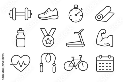 Fitness Icon Set. Fitness inspiration. Line outline icon set of fitness inspiration: dumbbell, running shoe,
