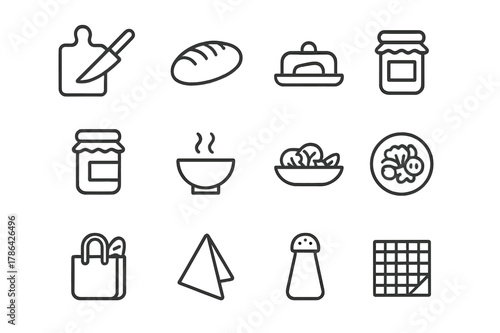 Food Icon Line Set. Food Moments. Line icon set of Food Moments: cutting board, knife, fresh bread, butter dish, jam jar, steaming bowl, salad plate, latte
