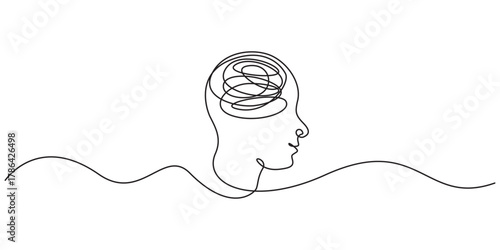 Continuous one line drawing of head with speech bubble. Concept of confused feelings worried about bad mental health. Editable stroke. Doodle vector illustration