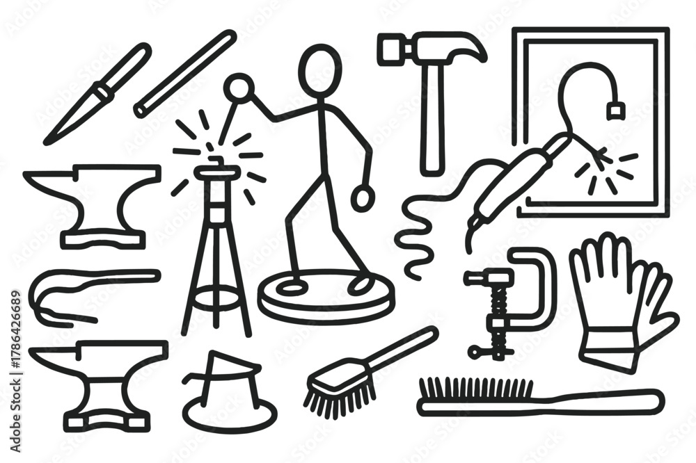 Obraz premium Metal Sculpture Creation. Metal sculpture. Hand-drawn doodle illustration metal sculpture chisel, anvil, steel rod, hammer, welding torch, wire, stand, figure,