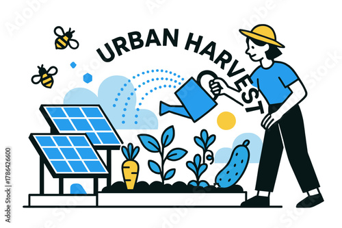 Urban Rooftop Harvest. Rooftop Garden + Panels. Vegetables sprout beside elevated PV frames; watering can pours a dotted arc labeled ?Urban Harvest.? Bees buzz