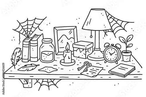 Neglected Shelf Doodles. Neglected Shelf. Hand-drawn doodle illustration Neglected Shelf shelf, dust, old books, jar, candle, picture frame, lamp, cobwebs,