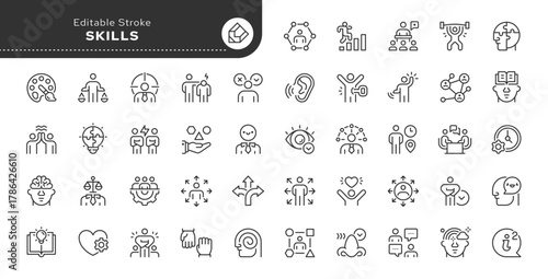 Перейти к странице
|123Далее
Skills line icon set. Ability, problem solving, knowledge, self-esteem, efficiency, productivity, adaptability, responsibility, punctuality and more. Outline icon in linea
