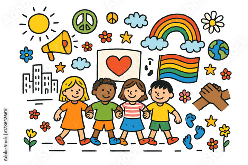 Unity March Illustration. Solidarity march. Colorful Hand-drawn doodle Children illustration Solidarity march linked arms, heart banner, rainbow flag, globe,